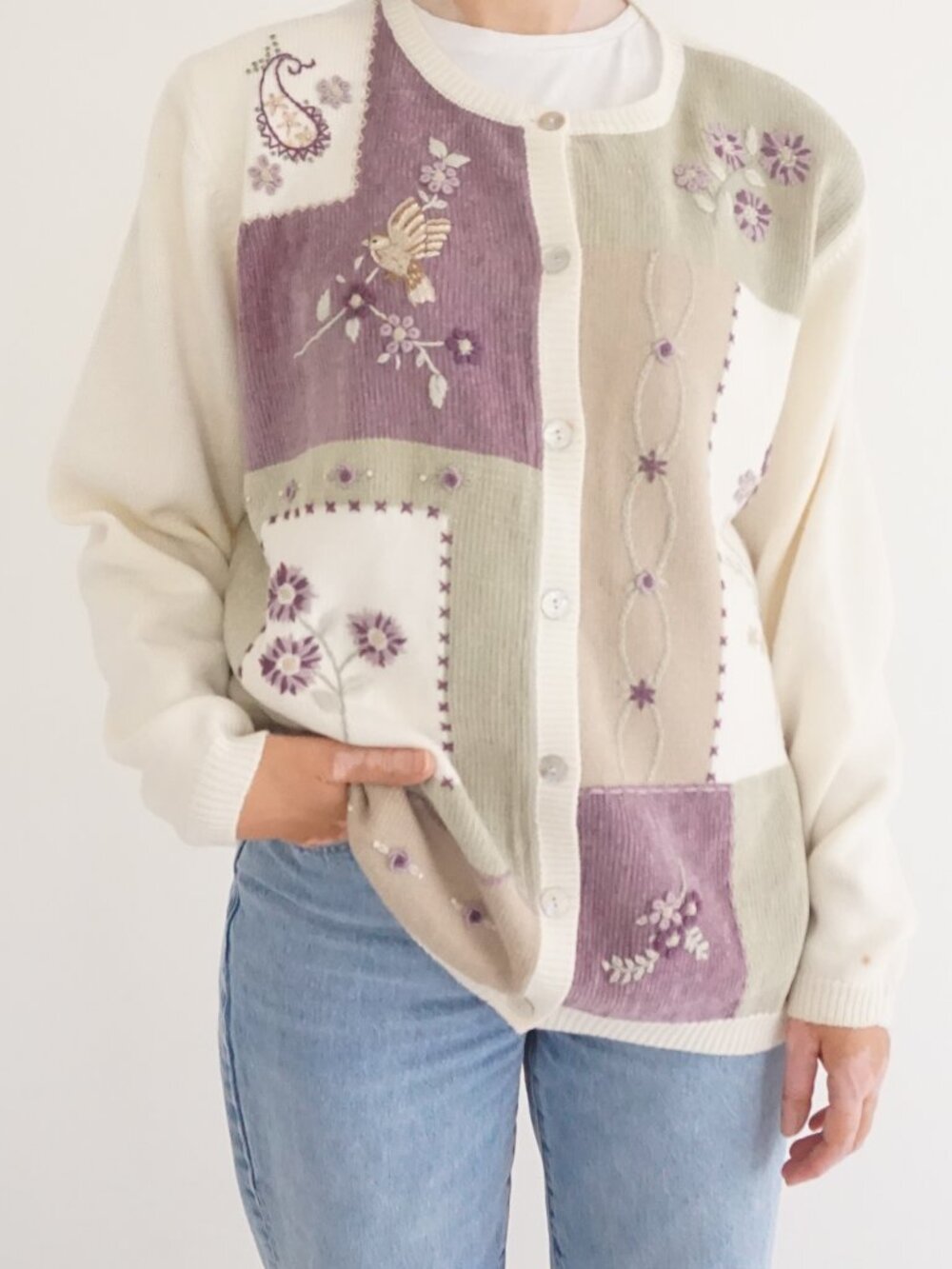 Vintage Alfred Dunner Cream Purple Floral Bird Embroidered 15% Wool Cardigan XL